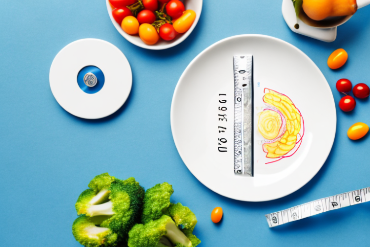 A plate of healthy food with a scale and measuring tape in the background
