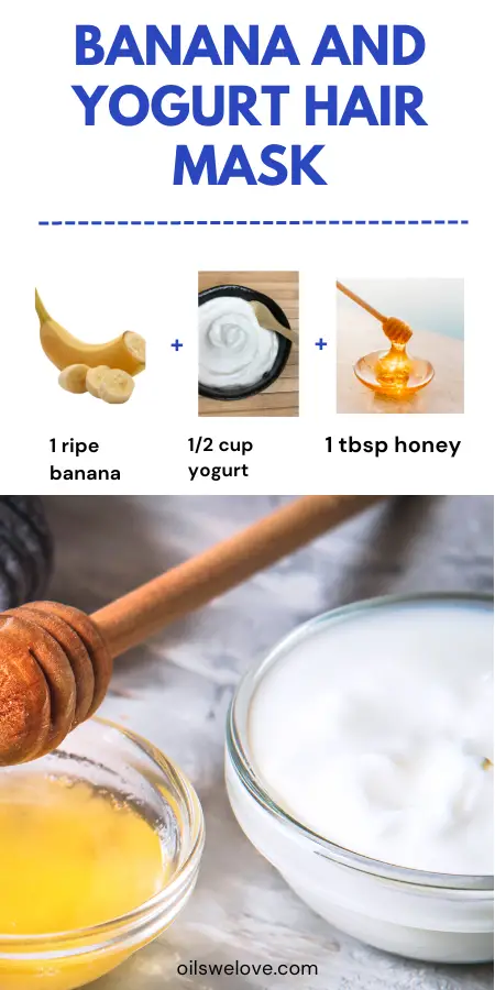 A ripe banana, half a cup of yogurt, and a drizzle of honey, ingredients for the Banana and Yogurt Hair Mask, laid out on a wooden surface.