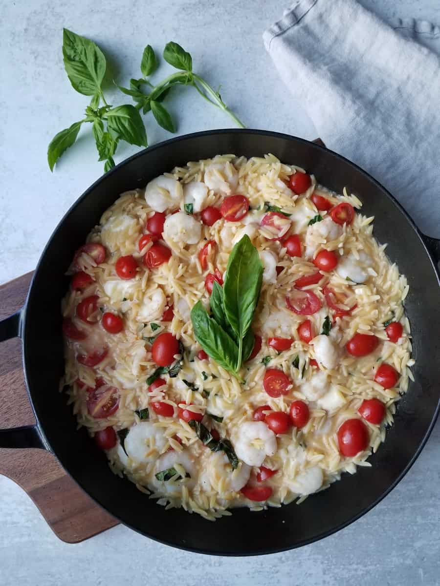 One Skillet Caprese Orzo with Shrimp