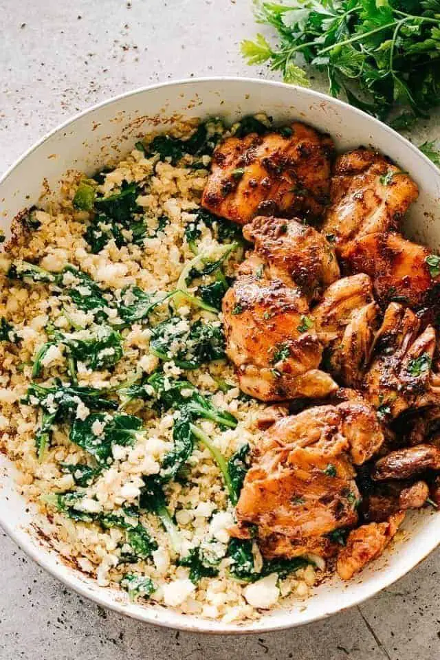 Garlicky Butter Cauliflower Rice with Spinach by Diethood