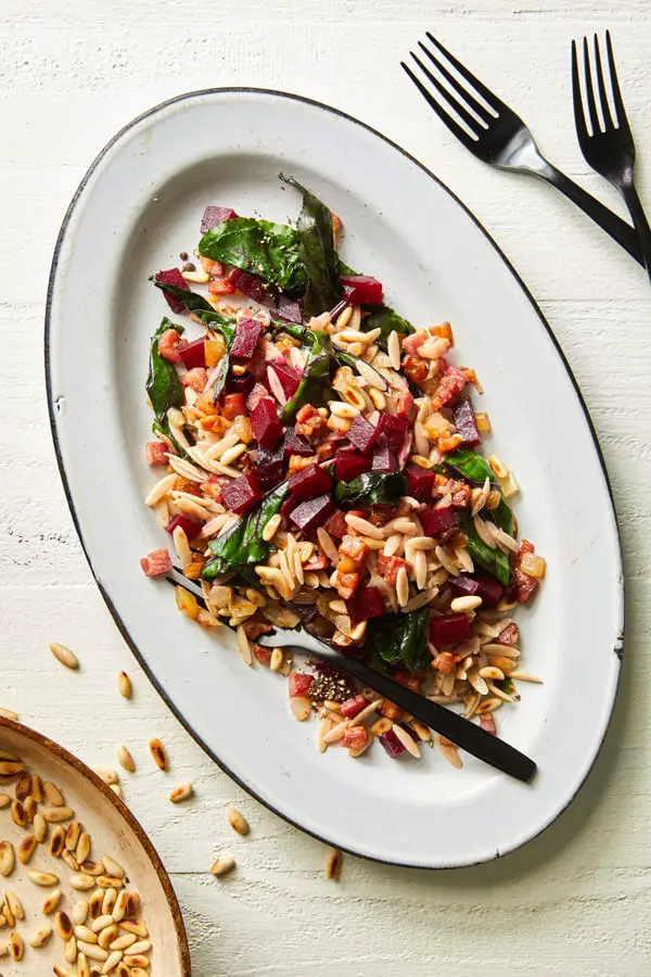 Whole Wheat Orzo with Beets, Pancetta, and Caramelized Onions