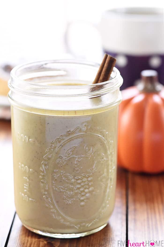 Pumpkin Spice Creamer in a Mason Jar with cinnamon stick.