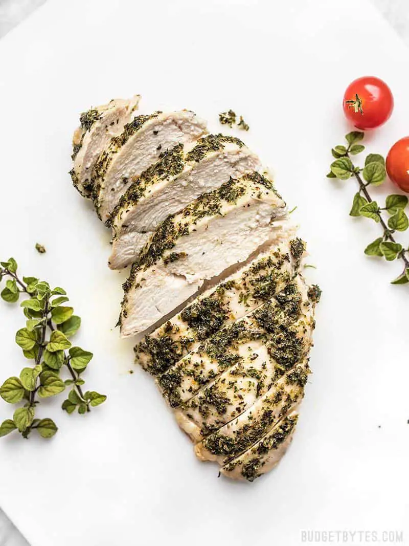 Sliced Garlic Herb Baked Chicken Breast ready to be served.