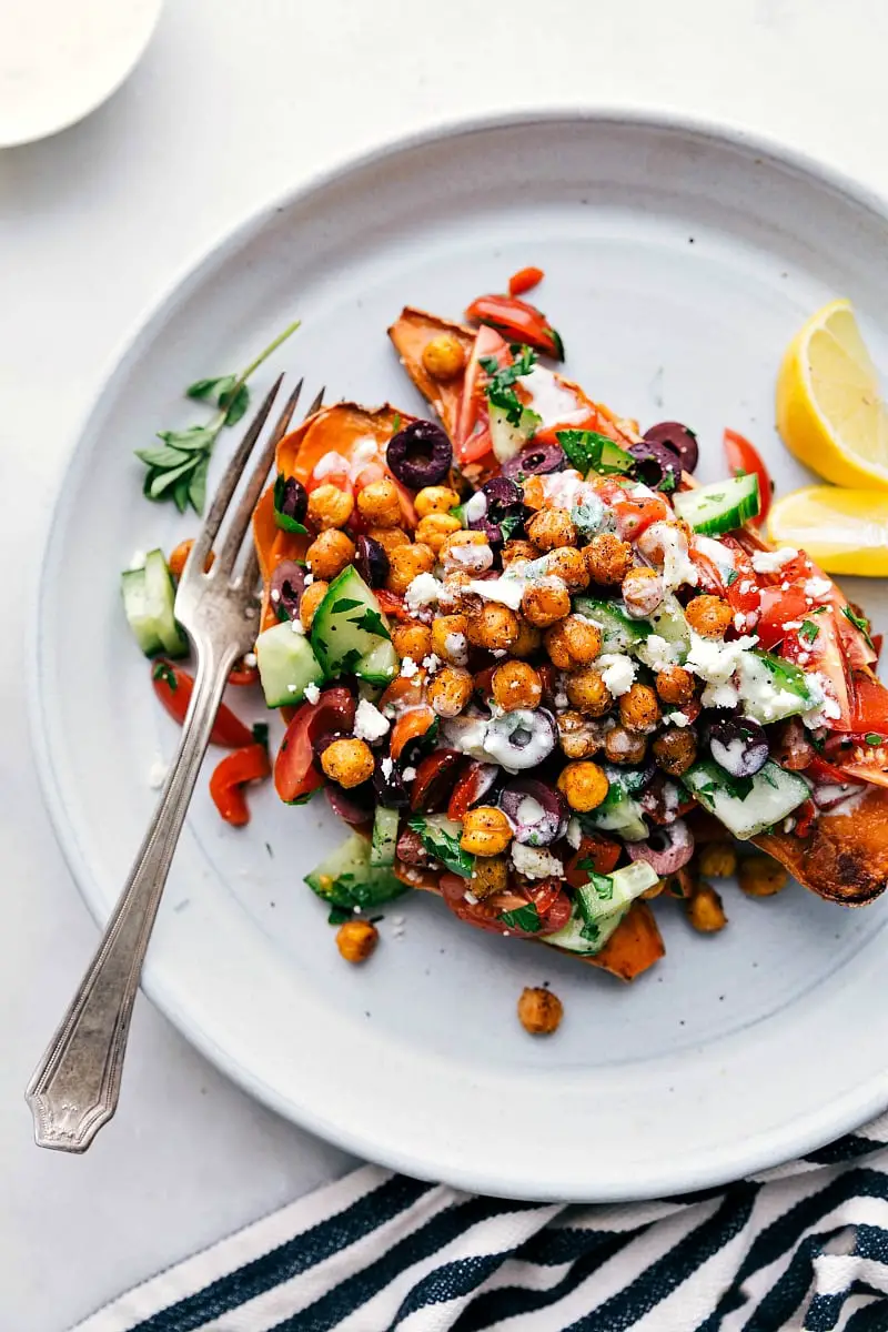 Mediterranean Sweet Potatoes with delicious dressing, a colorful and healthy meal.