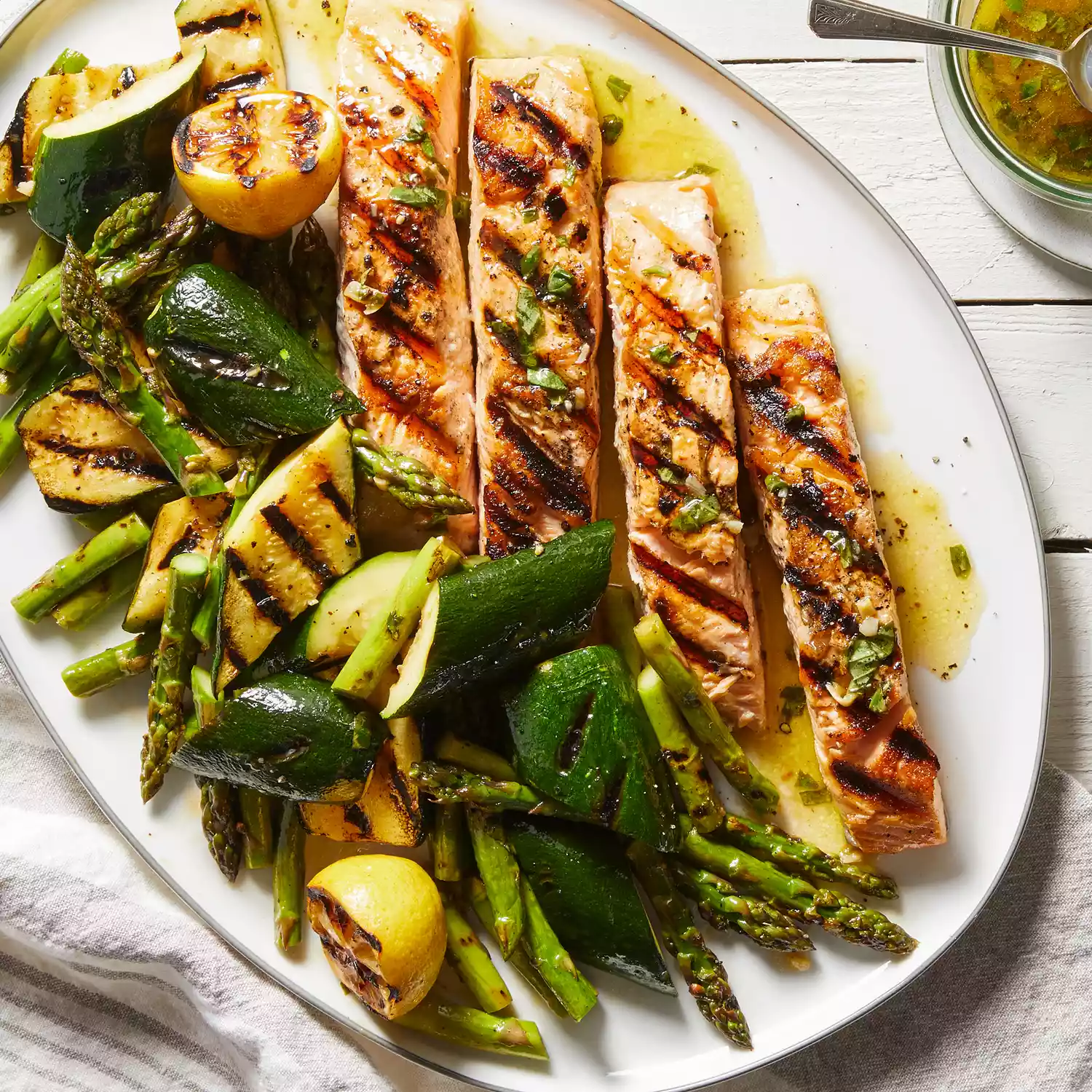 Grilled Salmon & Vegetables with Charred Lemon-Garlic Vinaigrette