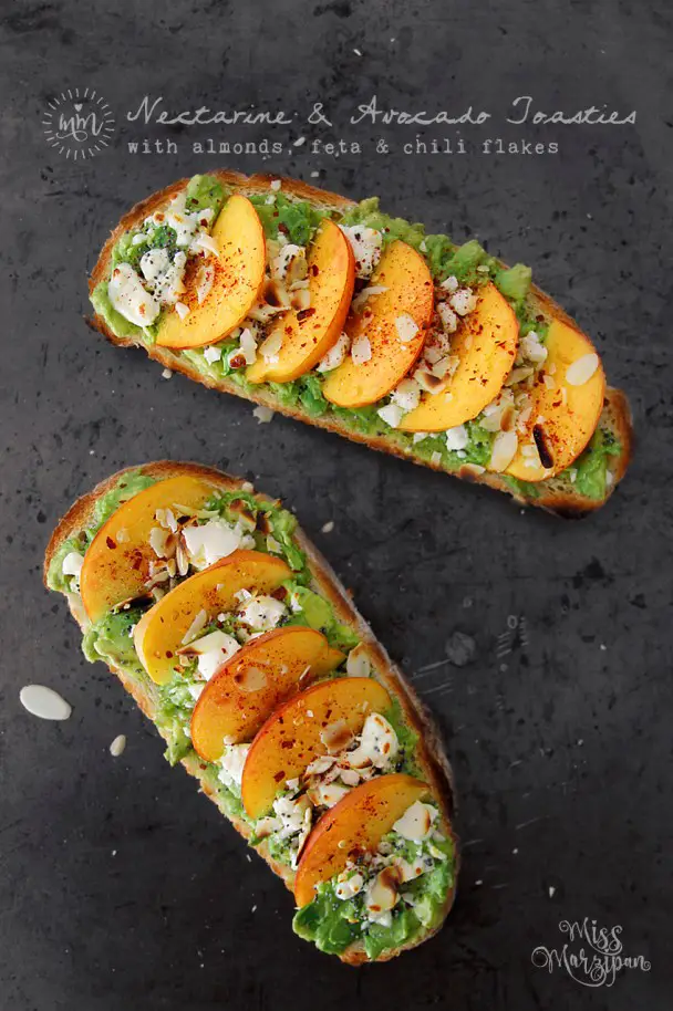 Nectarine Avocado Toasties with Almonds, Feta, and Chili Flakes