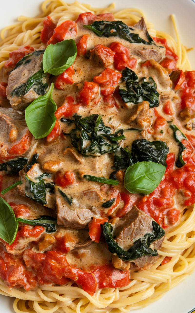 Creamy Spinach & Tomato Beef Pasta Delight