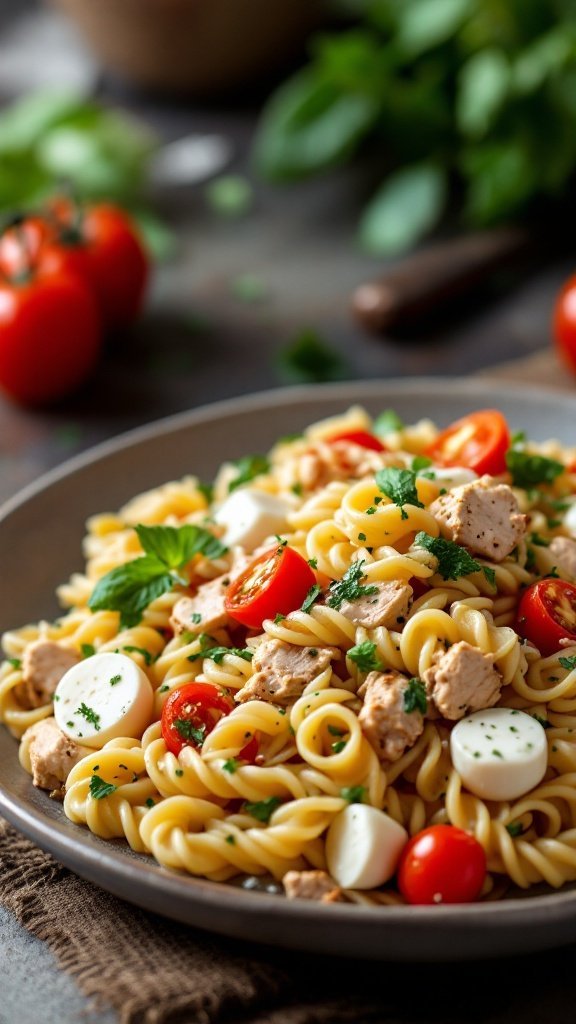 A plate of Italian chicken pasta salad with rotini pasta, cherry tomatoes, mozzarella balls, and fresh herbs