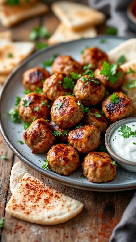 Juicy Greek meatballs served with tzatziki sauce and pita bread on a rustic wooden table.