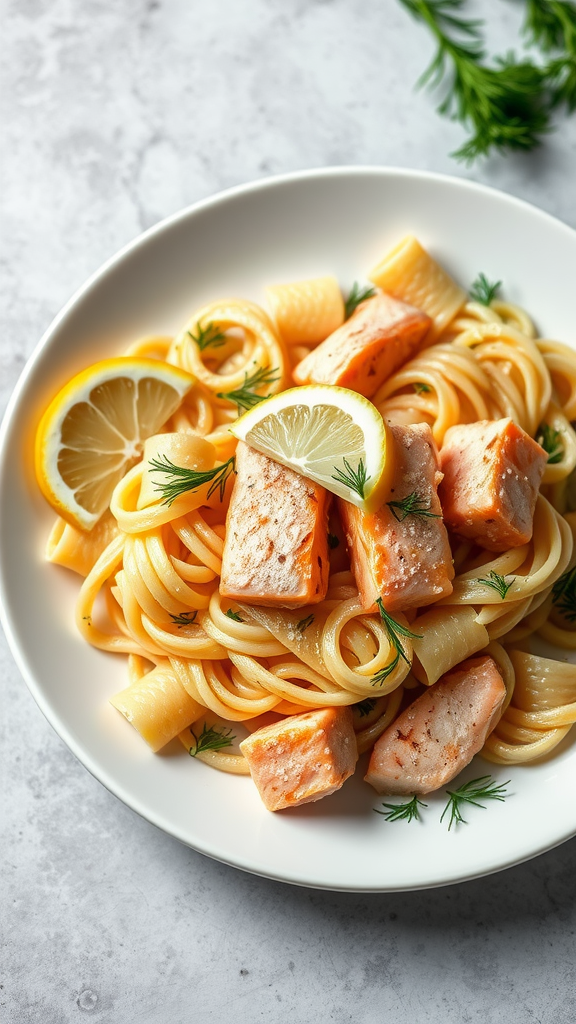 A plate of Lemon Dill Salmon Farfalle with lemon slices and dill.