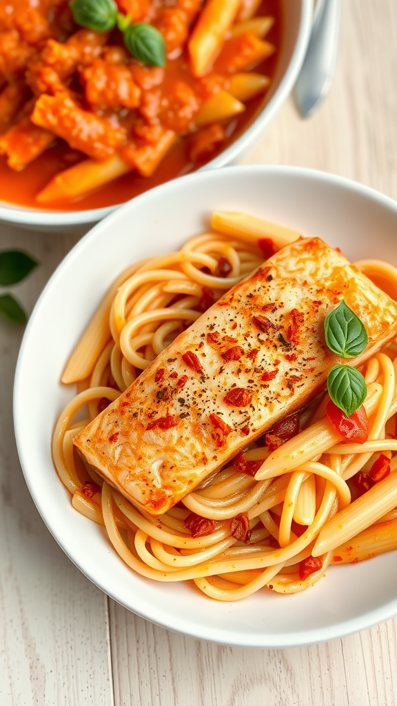 A plate of spicy salmon penne arrabbiata with a seared salmon fillet on top of penne pasta in a rich tomato sauce.