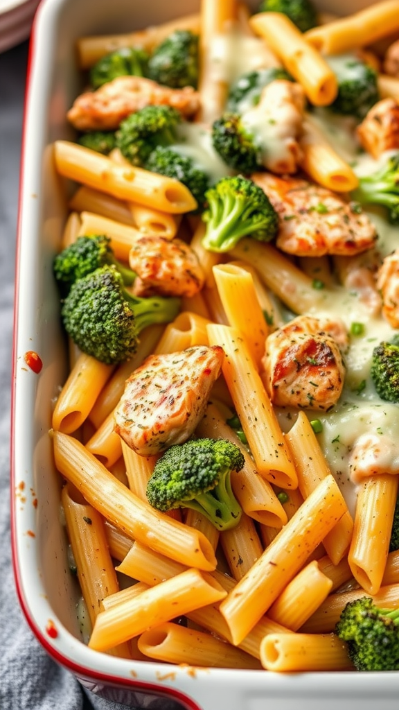 A baked dish of penne pasta with salmon and broccoli, topped with cheese.