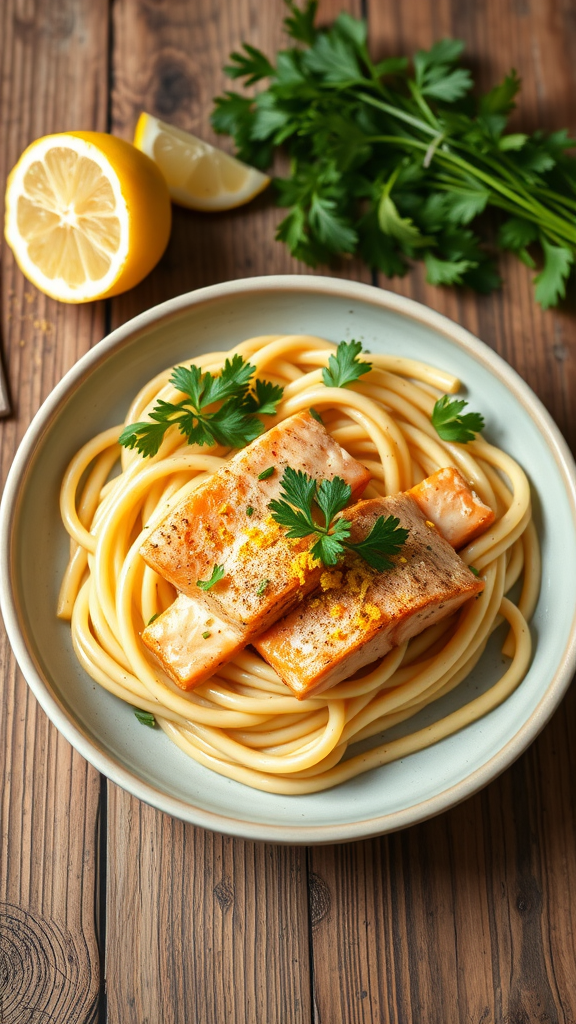 A plate of creamy garlic salmon pasta, featuring spaghetti, salmon fillets, and garnished with parsley and lemon.