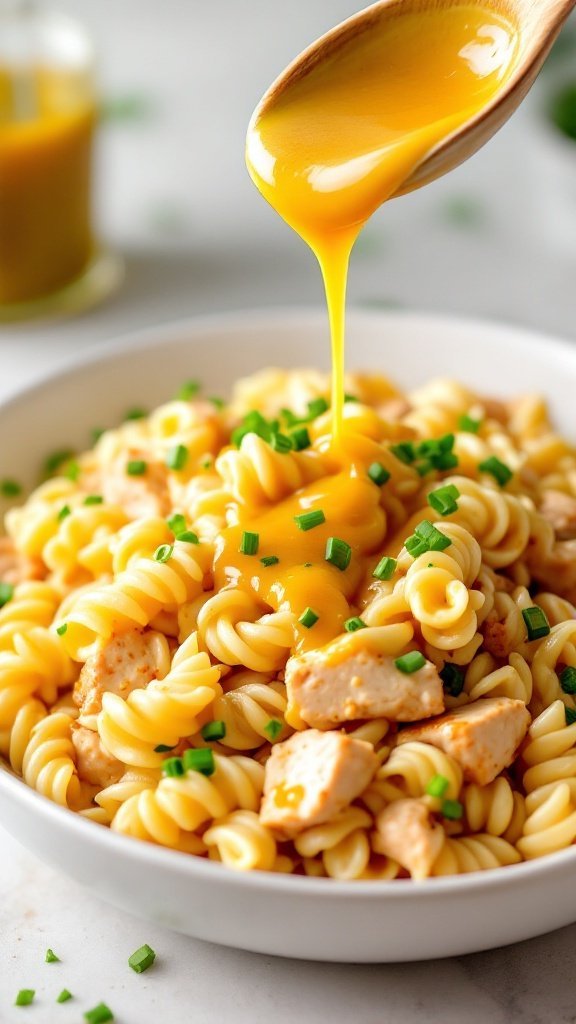 A bowl of honey mustard chicken pasta salad with spiral pasta, chicken pieces, and chives, drizzled with a golden honey mustard dressing.