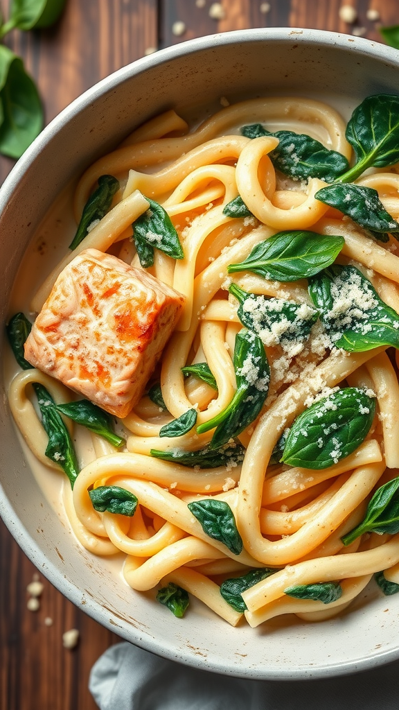 A bowl of creamy salmon alfredo pasta with spinach and a piece of salmon on top.