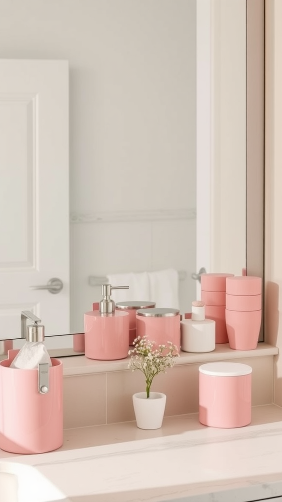 A collection of pink bathroom accessories and organizers on a countertop