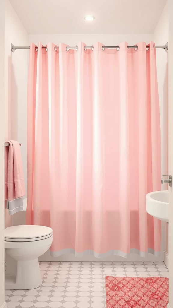 Soft pink shower curtains in a bright bathroom setting