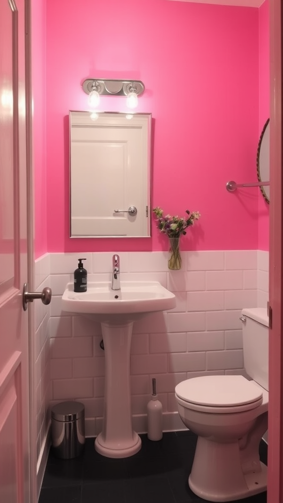 Bright pink bathroom with white tiles and a vintage sink.