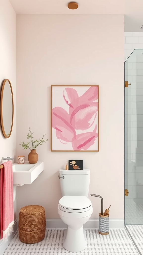 A beautifully decorated pink bathroom with various artworks and decor elements.