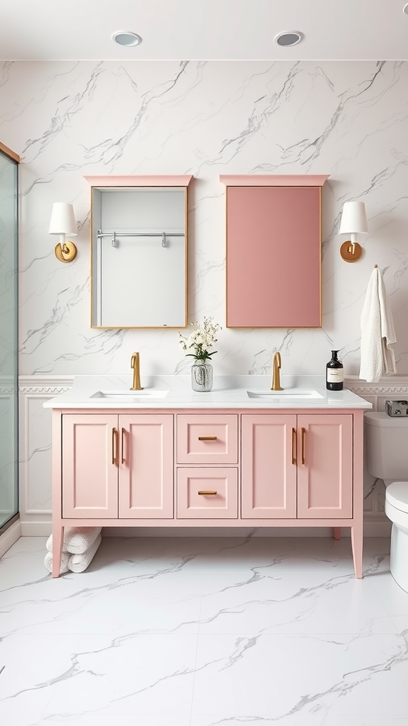 Stylish pink vanity unit with elegant gold fixtures in a modern bathroom