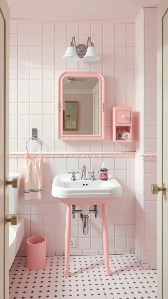 A retro pink bathroom featuring pastel tiles, a pink sink with stylish legs, and vintage decor.