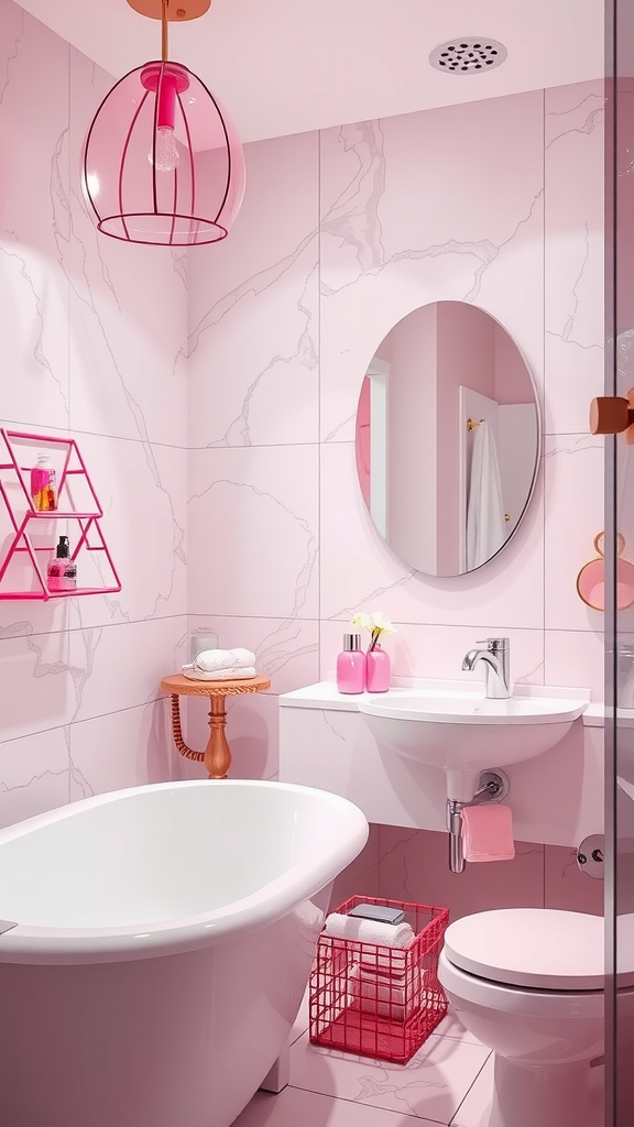 A modern pink bathroom featuring pink-tinted glass elements, a freestanding bathtub, and stylish decor.