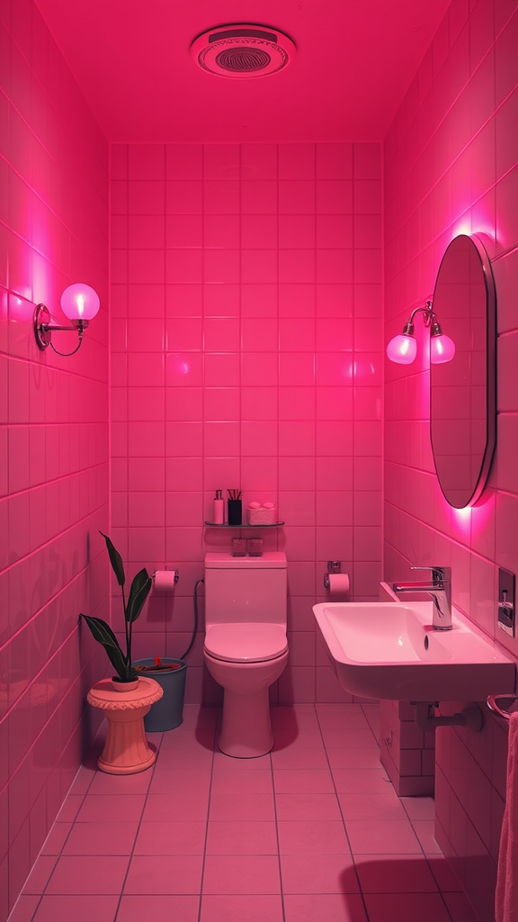 A bright pink bathroom featuring unique lighting fixtures.