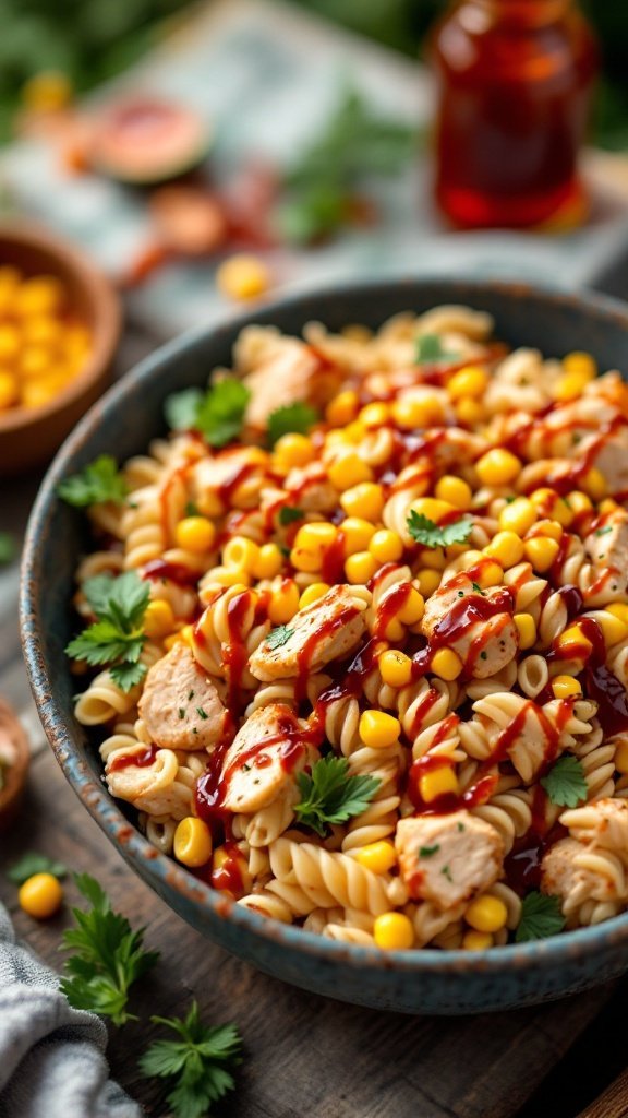 A bowl of BBQ chicken pasta salad with corn and drizzled barbecue sauce, garnished with cilantro.