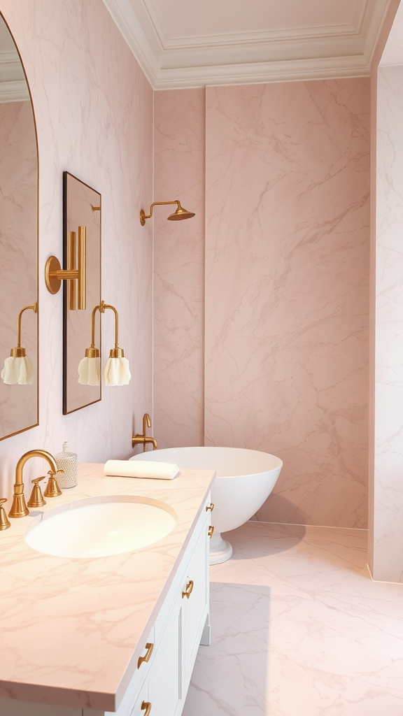 Elegant pink marble countertops in a bright bathroom setting