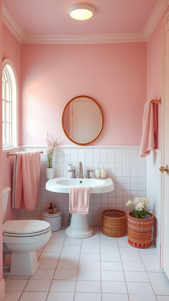 A pastel pink themed bathroom with soft towels, a round mirror, and decorative baskets.