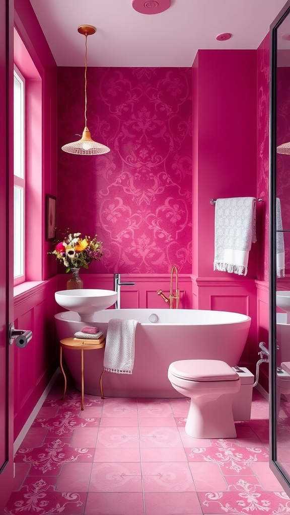 A bright pink bathtub surrounded by plants and candles in a stylish bathroom