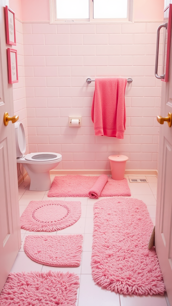 A pink bathroom featuring various fluffy pink rugs and mats.