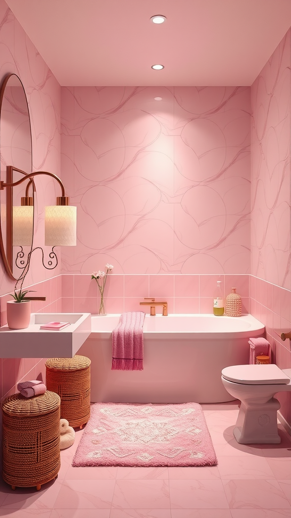 A beautifully decorated pink bathroom featuring a bathtub, pink tiles, and cozy accessories.