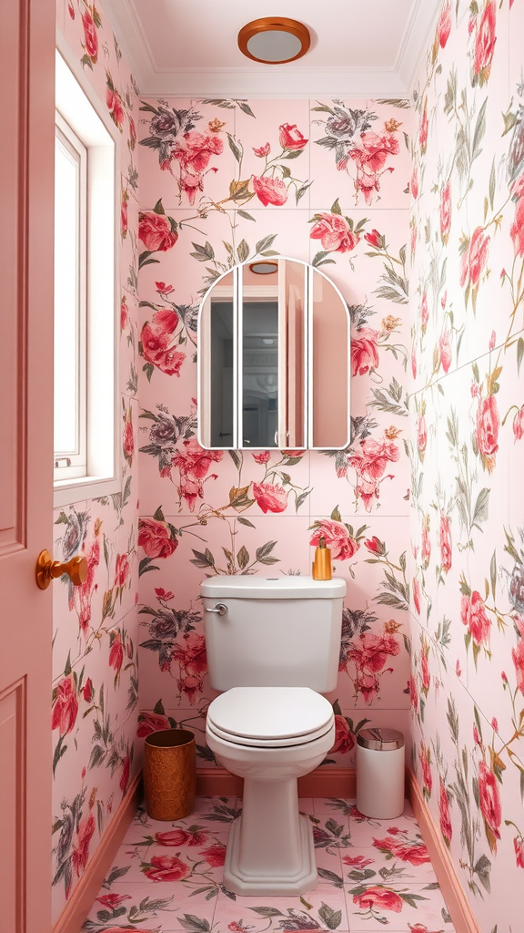 A bathroom with floral pink wallpaper featuring roses, a white toilet, and a decorative mirror.