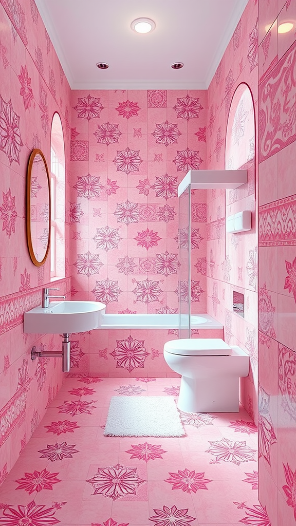 A chic pink bathroom featuring patterned tiles on walls and floor, with modern fixtures.