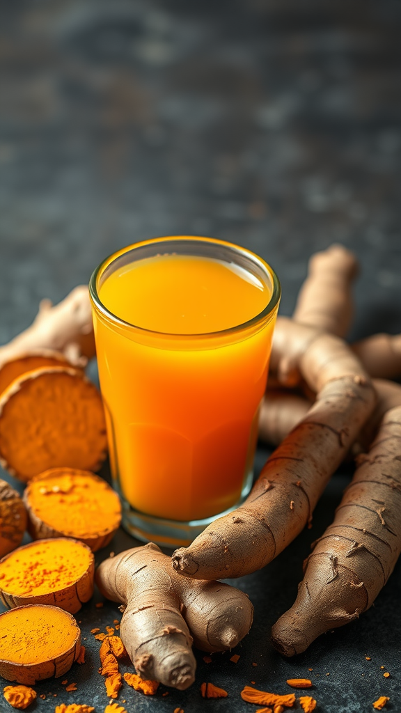 A vibrant glass of spicy turmeric and ginger shot surrounded by fresh turmeric roots and slices.