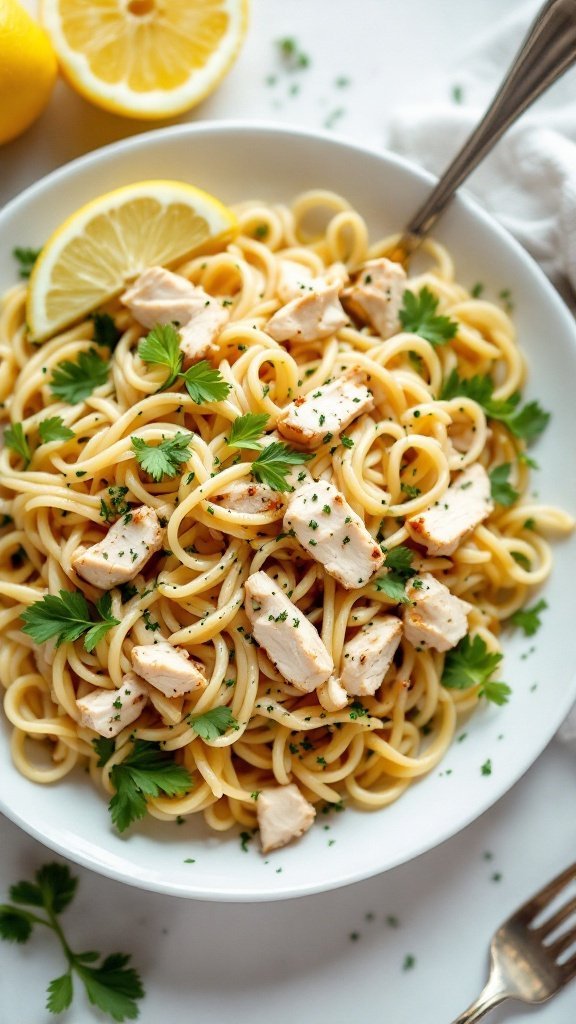 A bowl of Lemon Garlic Chicken Pasta Salad with lemon slices and parsley