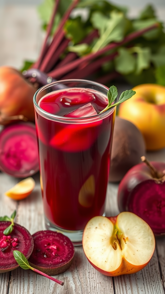 A glass of beetroot and apple energizer shot surrounded by fresh beetroots and apples.