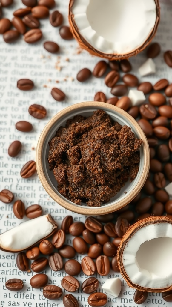 A bowl of coffee grounds scrub surrounded by coffee beans and coconut shell.