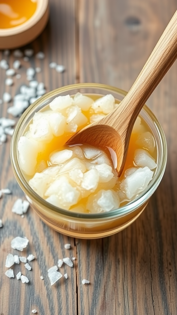 A bowl of honey drizzling over a white creamy mixture with olives and olive leaves on the side.