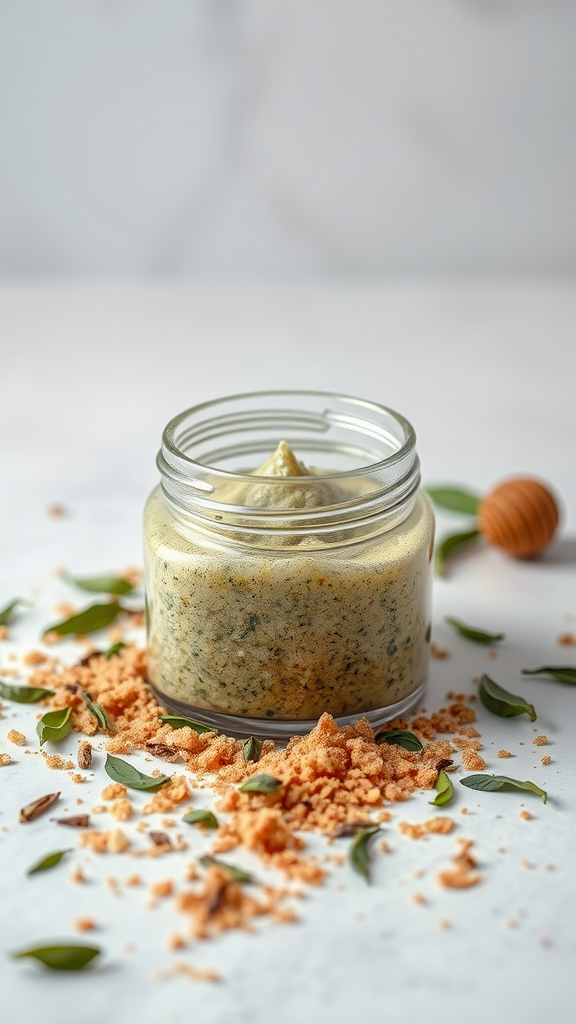 A jar of green tea and brown sugar foot scrub surrounded by loose brown sugar and green leaves.