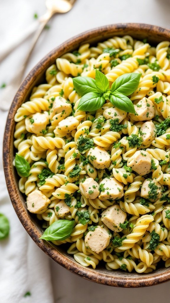 A delicious bowl of creamy pesto chicken pasta salad featuring rotini pasta, chicken pieces, and fresh basil.