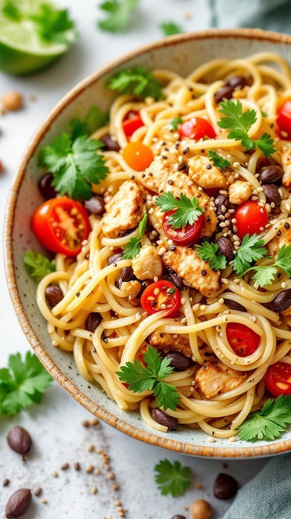 A bowl of Mediterranean chicken pasta salad with pasta, chicken, cherry tomatoes, olives, feta cheese, and fresh herbs.