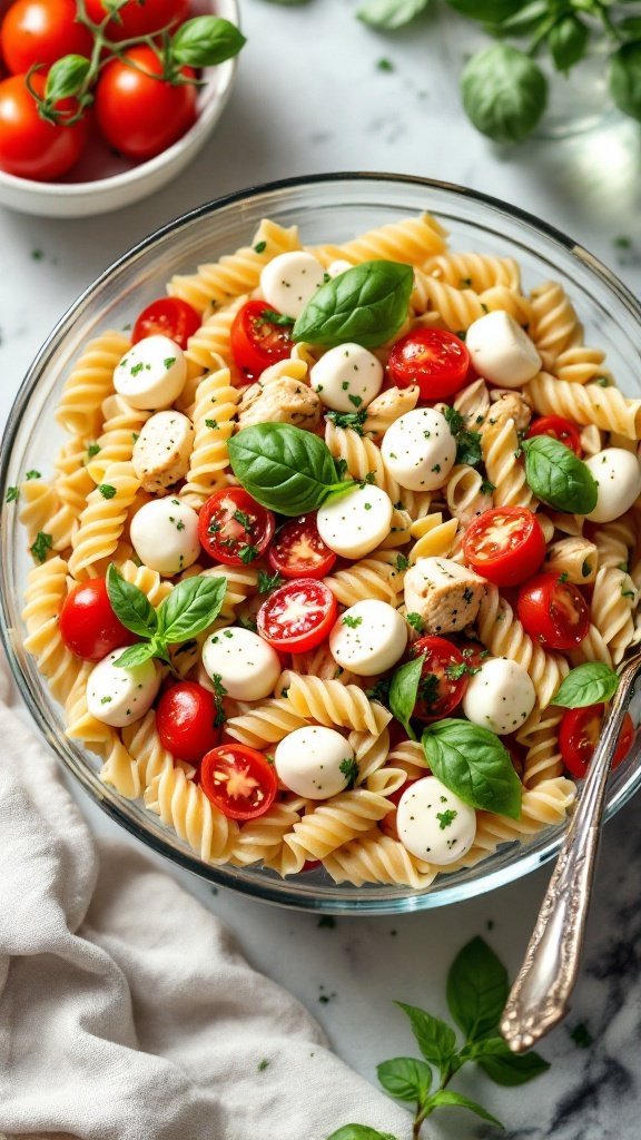 A vibrant bowl of Caprese Chicken Pasta Salad with rotini pasta, cherry tomatoes, mozzarella balls, and fresh basil.