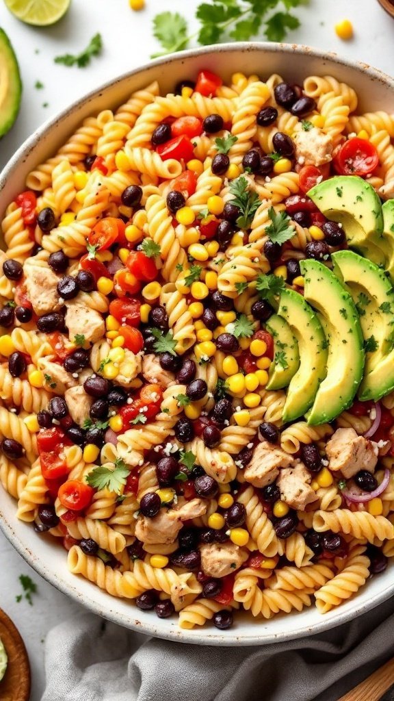 A bowl of Southwest chicken pasta salad with rotini pasta, black beans, corn, tomatoes, and avocado slices.