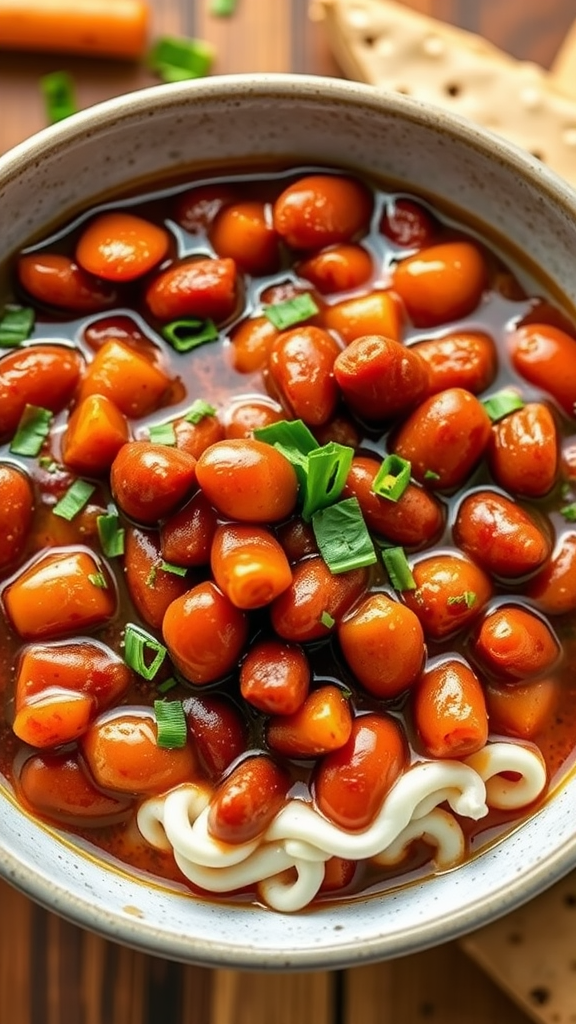 A bowl of maple BBQ baked beans garnished with parsley, next to toasted bread.