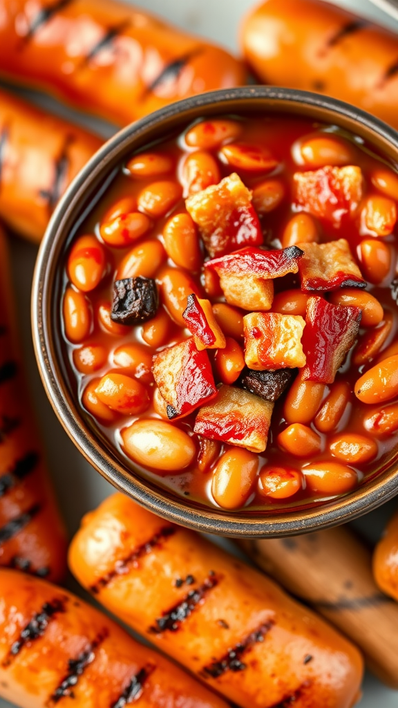 A bowl of Maple Bacon BBQ beans with pieces of bacon on top, surrounded by grilled sausages.