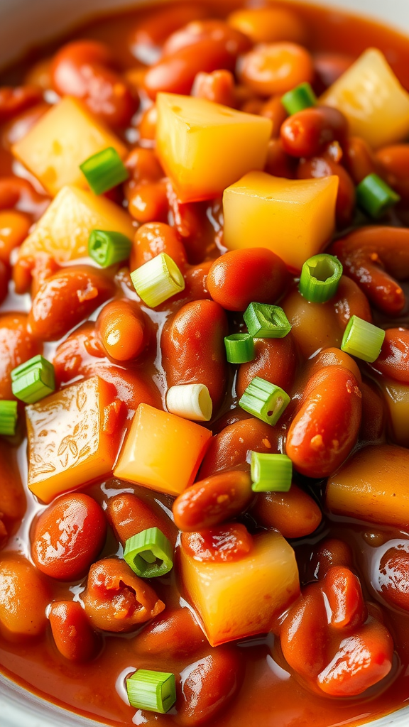 A close-up of BBQ baked beans with pineapple chunks and green onions.