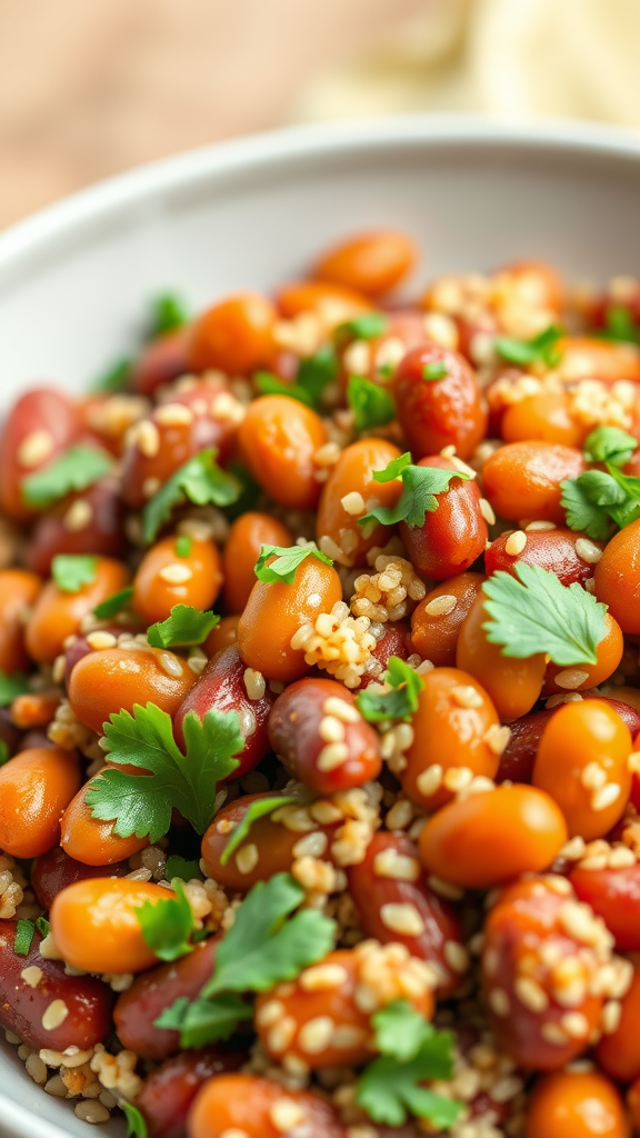 A close-up shot of vegetarian BBQ baked beans with quinoa, garnished with fresh herbs.