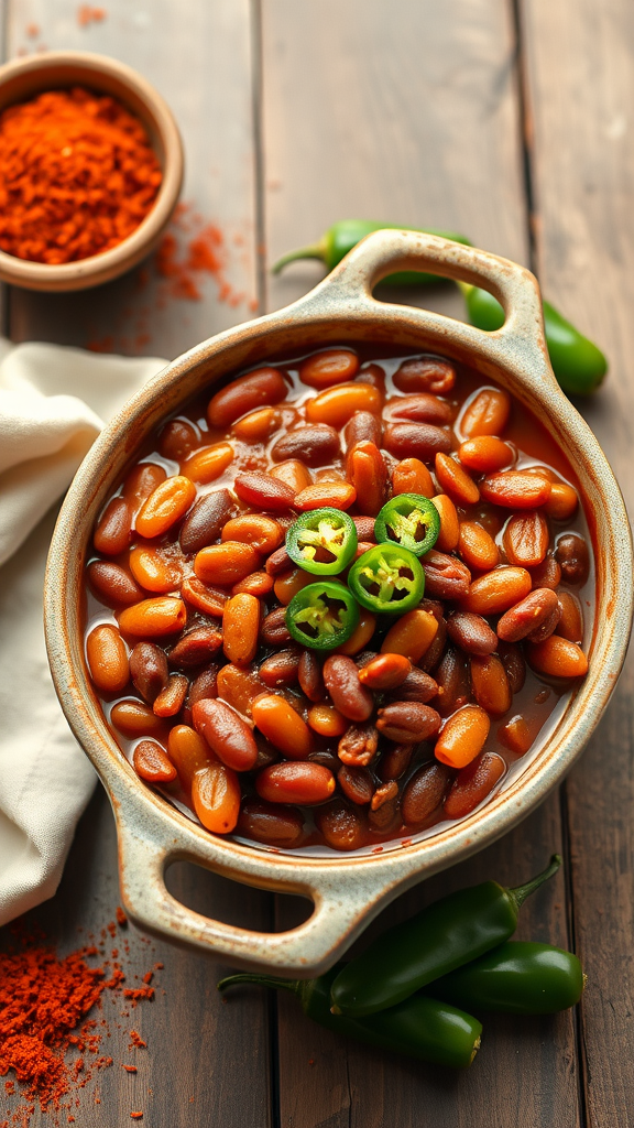 A bowl of spicy chipotle BBQ baked beans topped with sliced jalapeños, with spices and fresh peppers in the background.